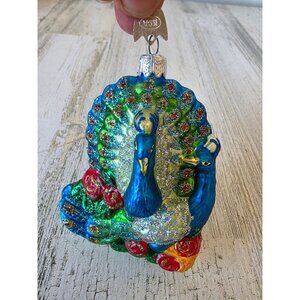 KSA Kurt Adler glitter peacock bird glass ornament Xmas tree blue